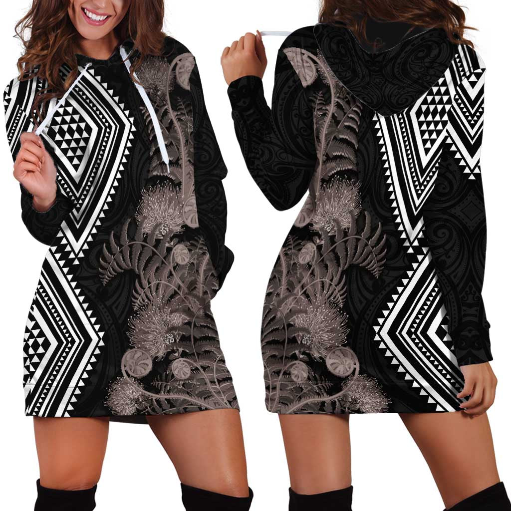 Aotearoa Tukutuku Motif Hoodie Dress Pohutukawa and Fern Leaves Grayscale Color LT03 - Polynesian Pride