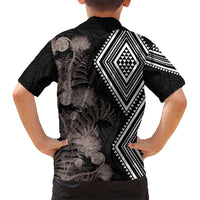 Aotearoa Tukutuku Motif Kid Hawaiian Shirt Pohutukawa and Fern Leaves Grayscale Color LT03 - Polynesian Pride
