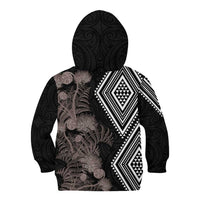 Aotearoa Tukutuku Motif Kid Hoodie Pohutukawa and Fern Leaves Grayscale Color LT03 - Polynesian Pride