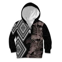 Aotearoa Tukutuku Motif Kid Hoodie Pohutukawa and Fern Leaves Grayscale Color LT03 Zip Hoodie Black - Polynesian Pride