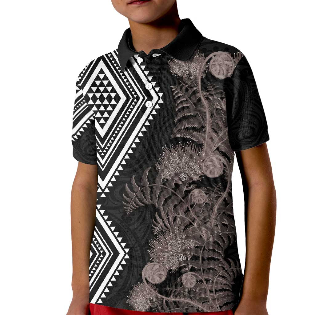 Aotearoa Tukutuku Motif Kid Polo Shirt Pohutukawa and Fern Leaves Grayscale Color LT03 Kid Black - Polynesian Pride