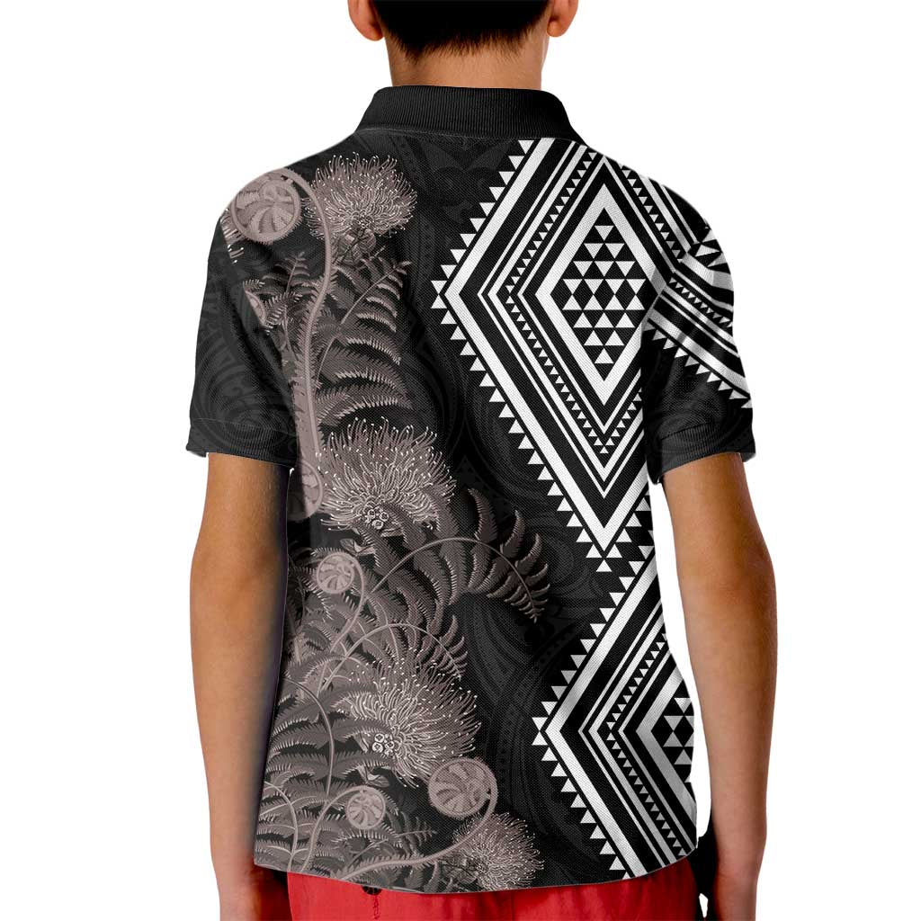 Aotearoa Tukutuku Motif Kid Polo Shirt Pohutukawa and Fern Leaves Grayscale Color LT03 - Polynesian Pride