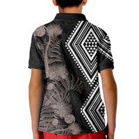Aotearoa Tukutuku Motif Kid Polo Shirt Pohutukawa and Fern Leaves Grayscale Color LT03 - Polynesian Pride
