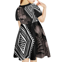 Aotearoa Tukutuku Motif Kid Short Sleeve Dress Pohutukawa and Fern Leaves Grayscale Color LT03 - Polynesian Pride