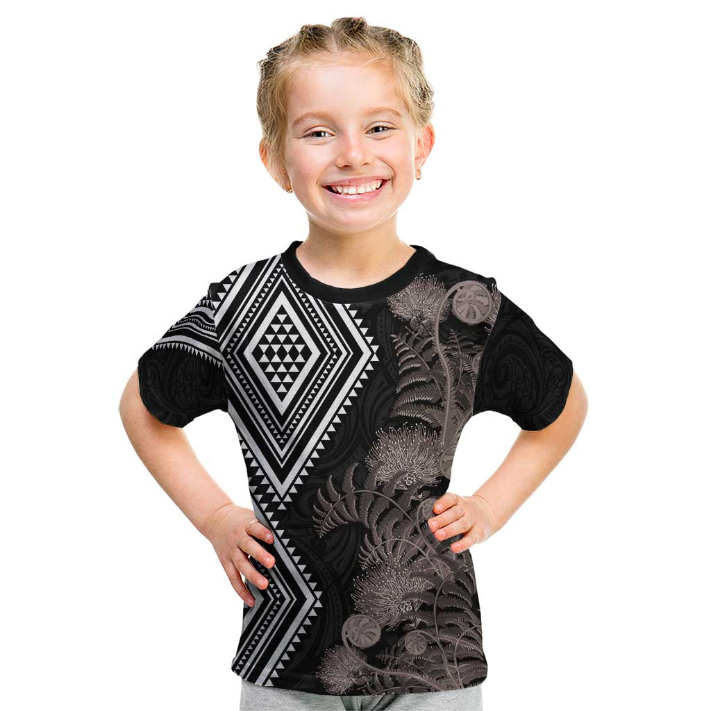 Aotearoa Tukutuku Motif Kid T Shirt Pohutukawa and Fern Leaves Grayscale Color LT03 Black - Polynesian Pride