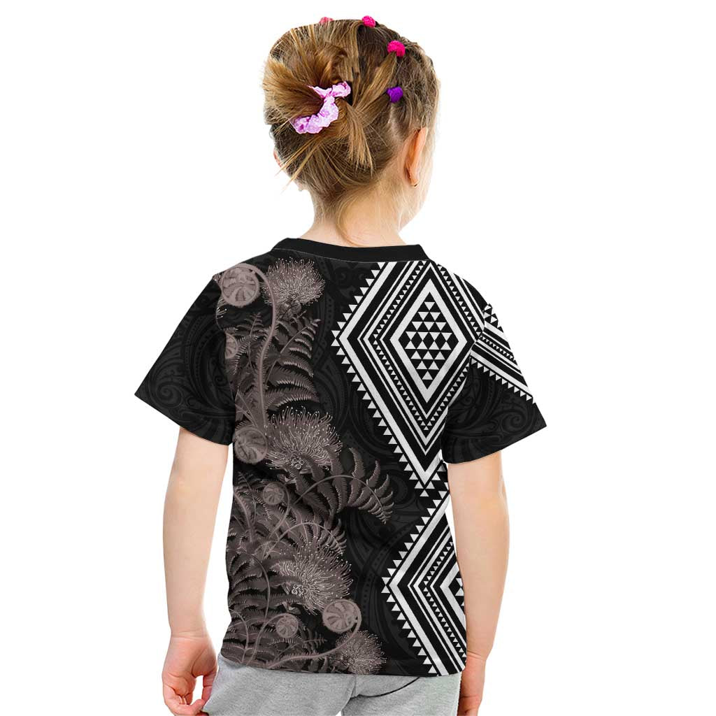 Aotearoa Tukutuku Motif Kid T Shirt Pohutukawa and Fern Leaves Grayscale Color LT03 - Polynesian Pride