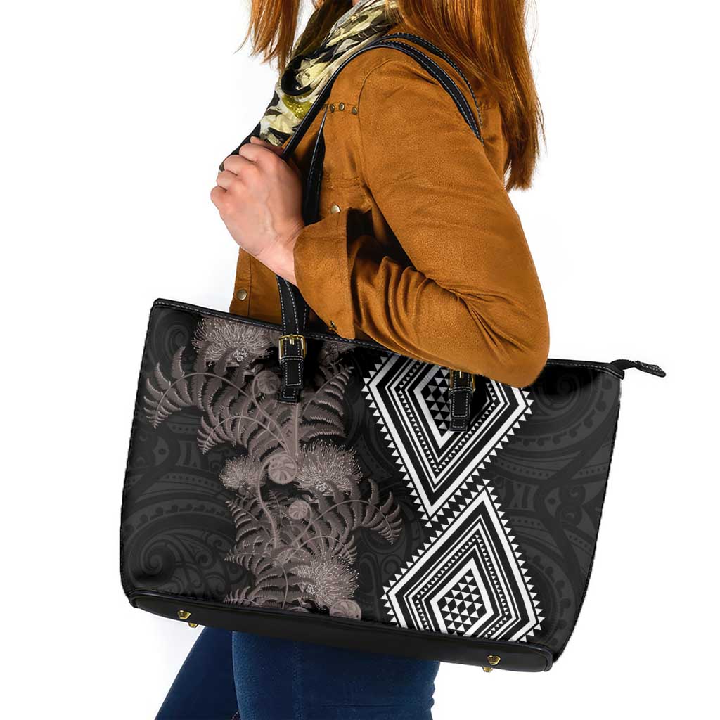 Aotearoa Tukutuku Motif Leather Tote Bag Pohutukawa and Fern Leaves Grayscale Color LT03 Black - Polynesian Pride