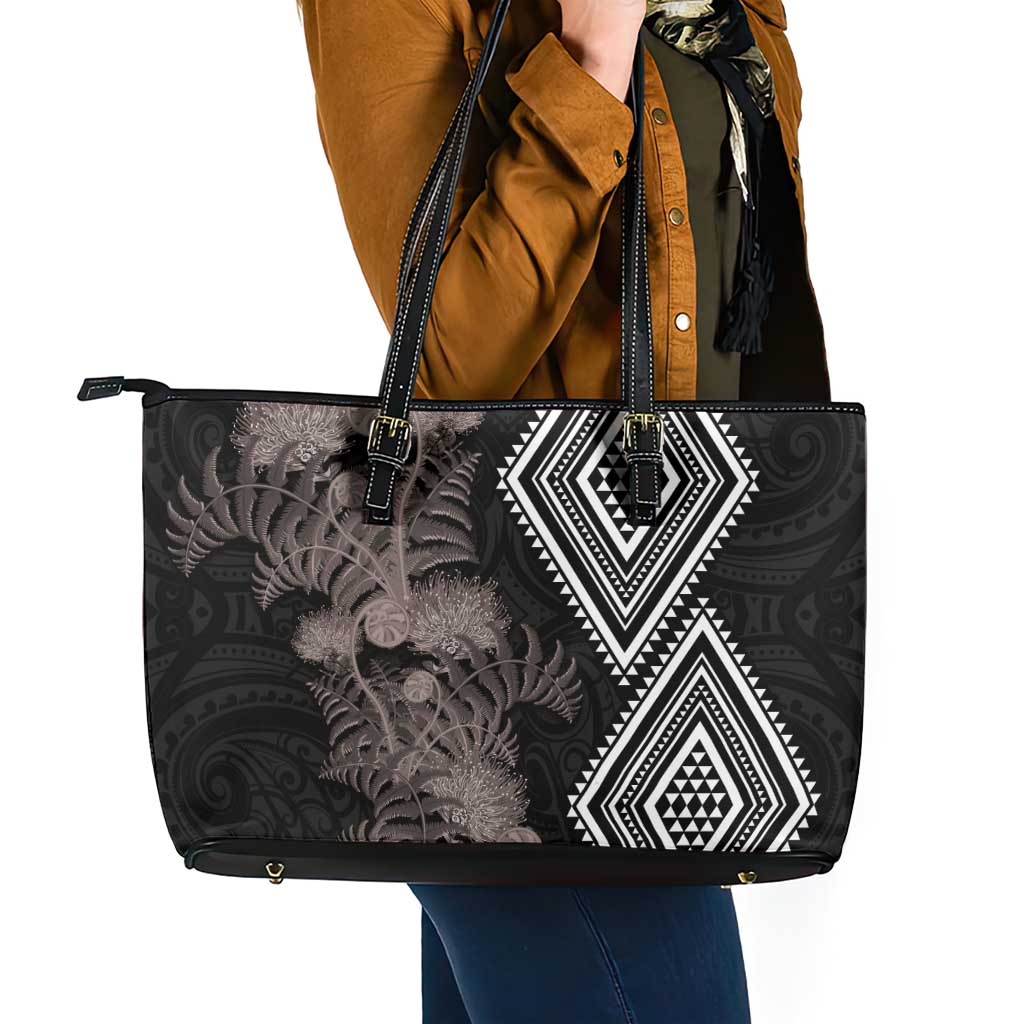 Aotearoa Tukutuku Motif Leather Tote Bag Pohutukawa and Fern Leaves Grayscale Color LT03 - Polynesian Pride