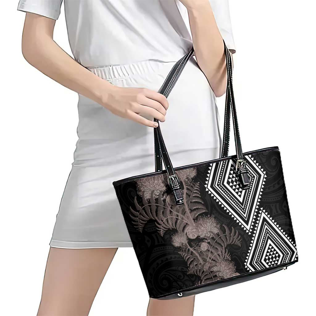 Aotearoa Tukutuku Motif Leather Tote Bag Pohutukawa and Fern Leaves Grayscale Color LT03 - Polynesian Pride