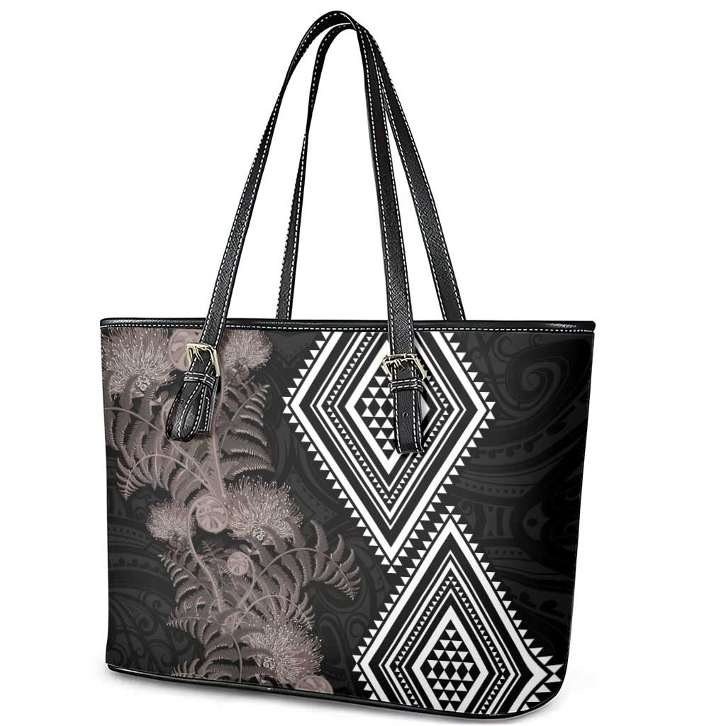 Aotearoa Tukutuku Motif Leather Tote Bag Pohutukawa and Fern Leaves Grayscale Color LT03 - Polynesian Pride