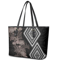 Aotearoa Tukutuku Motif Leather Tote Bag Pohutukawa and Fern Leaves Grayscale Color LT03 - Polynesian Pride