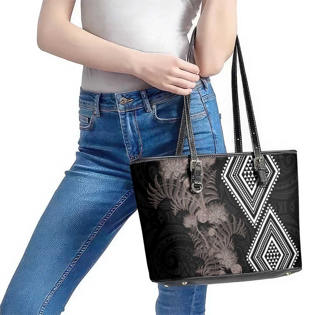 Aotearoa Tukutuku Motif Leather Tote Bag Pohutukawa and Fern Leaves Grayscale Color LT03 - Polynesian Pride