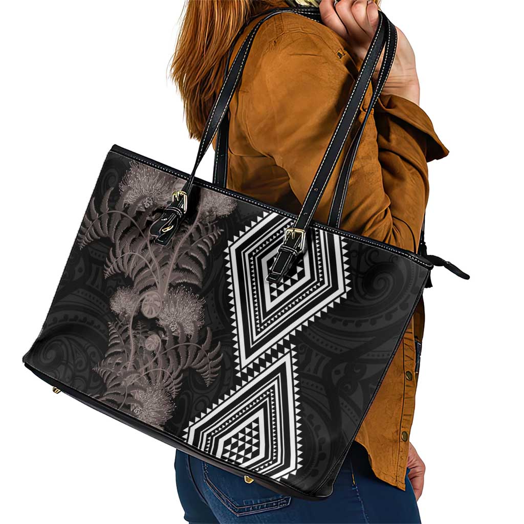 Aotearoa Tukutuku Motif Leather Tote Bag Pohutukawa and Fern Leaves Grayscale Color LT03 - Polynesian Pride