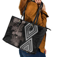 Aotearoa Tukutuku Motif Leather Tote Bag Pohutukawa and Fern Leaves Grayscale Color LT03 - Polynesian Pride