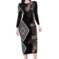 Aotearoa Tukutuku Motif Long Sleeve Bodycon Dress Pohutukawa and Fern Leaves Grayscale Color LT03 Long Dress Black - Polynesian Pride