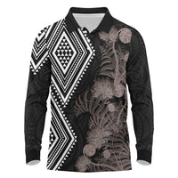 Aotearoa Tukutuku Motif Long Sleeve Polo Shirt Pohutukawa and Fern Leaves Grayscale Color LT03 Black - Polynesian Pride