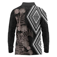 Aotearoa Tukutuku Motif Long Sleeve Polo Shirt Pohutukawa and Fern Leaves Grayscale Color LT03 - Polynesian Pride