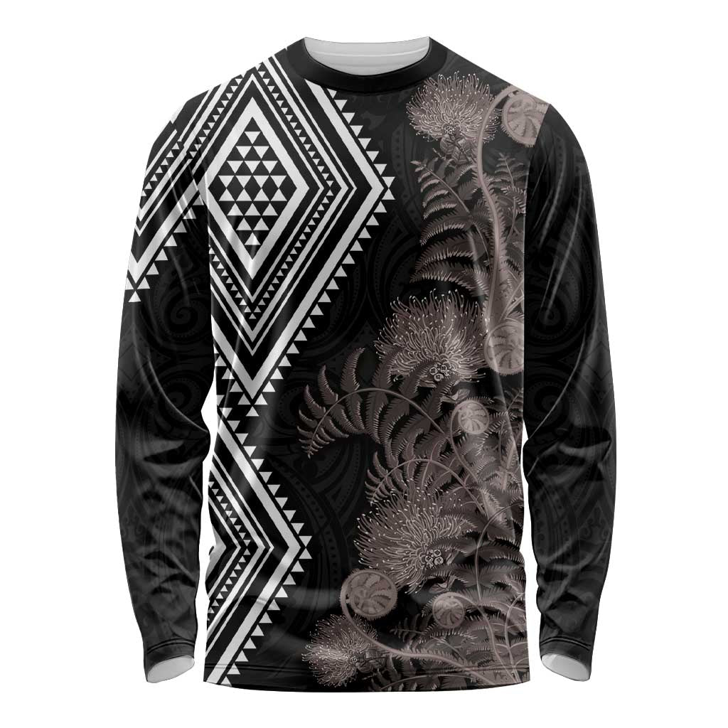 Aotearoa Tukutuku Motif Long Sleeve Shirt Pohutukawa and Fern Leaves Grayscale Color LT03 Unisex Black - Polynesian Pride