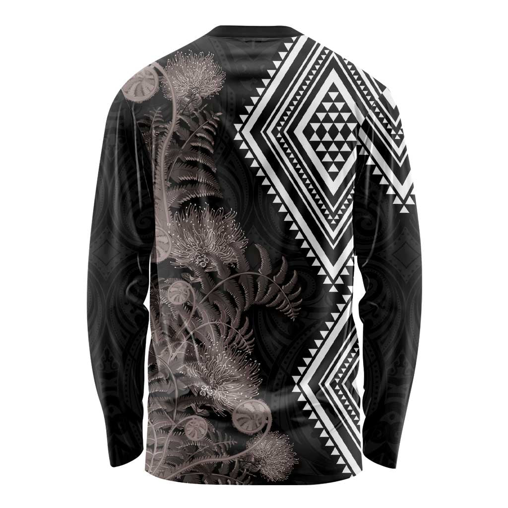 Aotearoa Tukutuku Motif Long Sleeve Shirt Pohutukawa and Fern Leaves Grayscale Color LT03 - Polynesian Pride