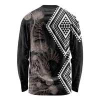 Aotearoa Tukutuku Motif Long Sleeve Shirt Pohutukawa and Fern Leaves Grayscale Color LT03 - Polynesian Pride