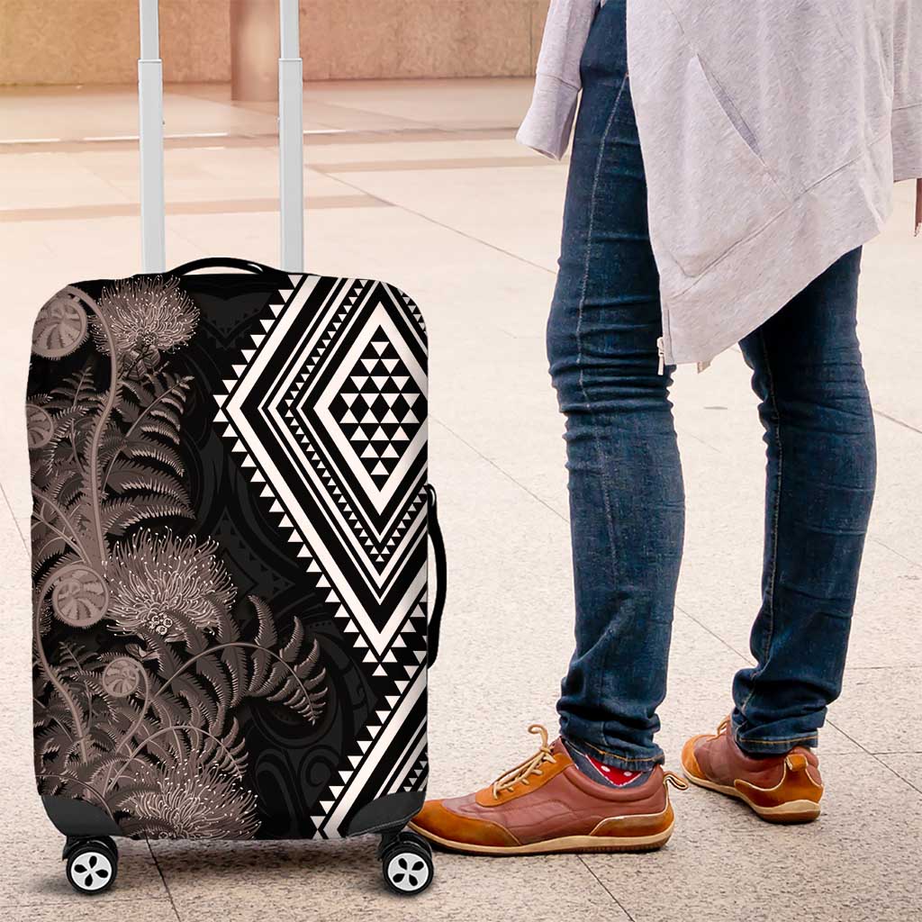 Aotearoa Tukutuku Motif Luggage Cover Pohutukawa and Fern Leaves Grayscale Color LT03 Black - Polynesian Pride