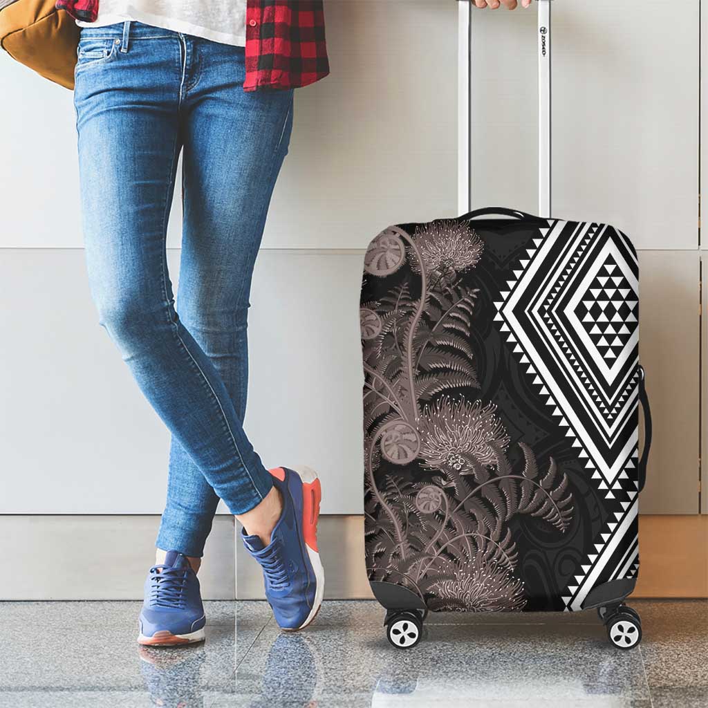 Aotearoa Tukutuku Motif Luggage Cover Pohutukawa and Fern Leaves Grayscale Color LT03 - Polynesian Pride