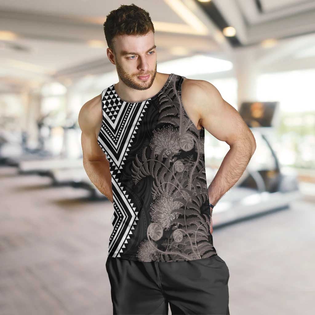 Aotearoa Tukutuku Motif Men Tank Top Pohutukawa and Fern Leaves Grayscale Color LT03 Black - Polynesian Pride