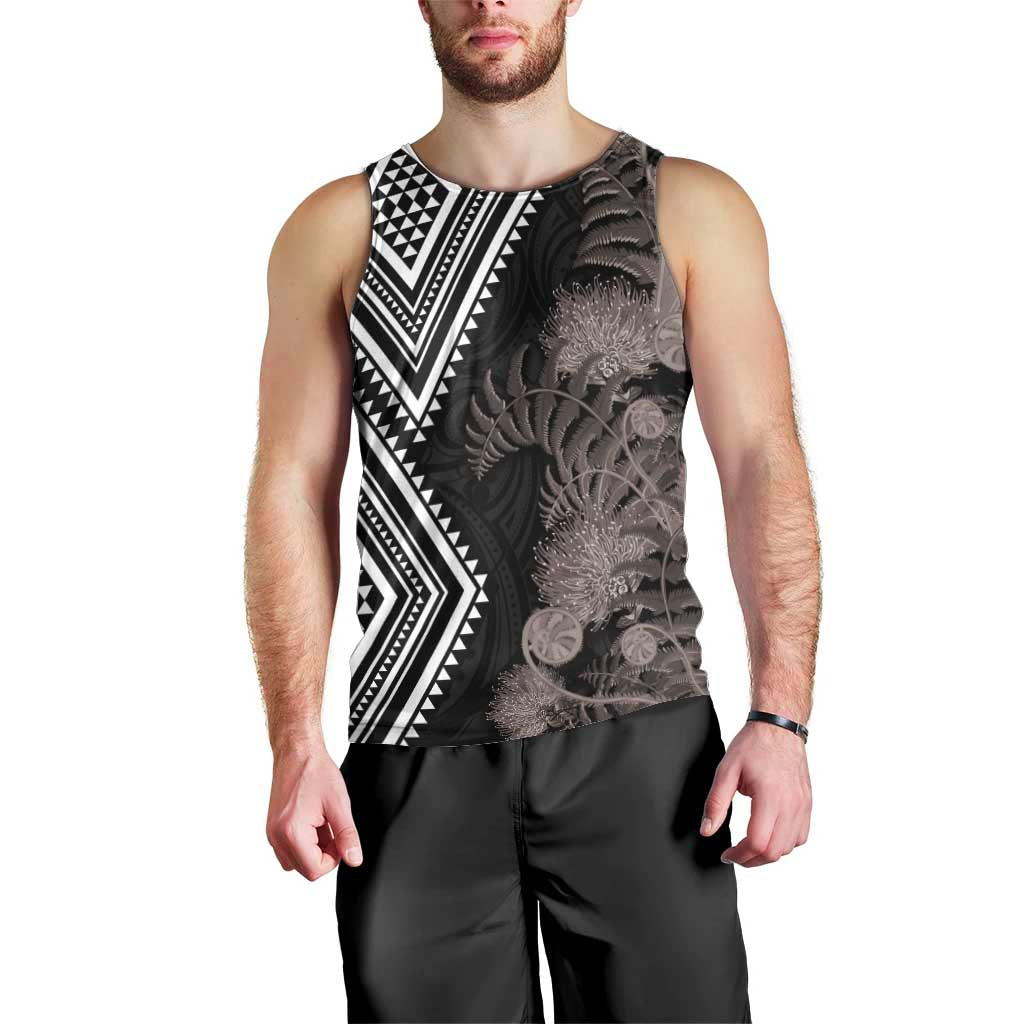 Aotearoa Tukutuku Motif Men Tank Top Pohutukawa and Fern Leaves Grayscale Color LT03 - Polynesian Pride