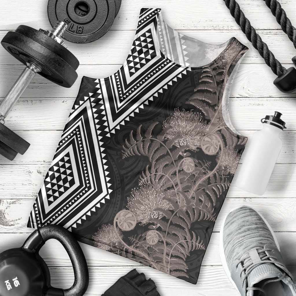 Aotearoa Tukutuku Motif Men Tank Top Pohutukawa and Fern Leaves Grayscale Color LT03 - Polynesian Pride