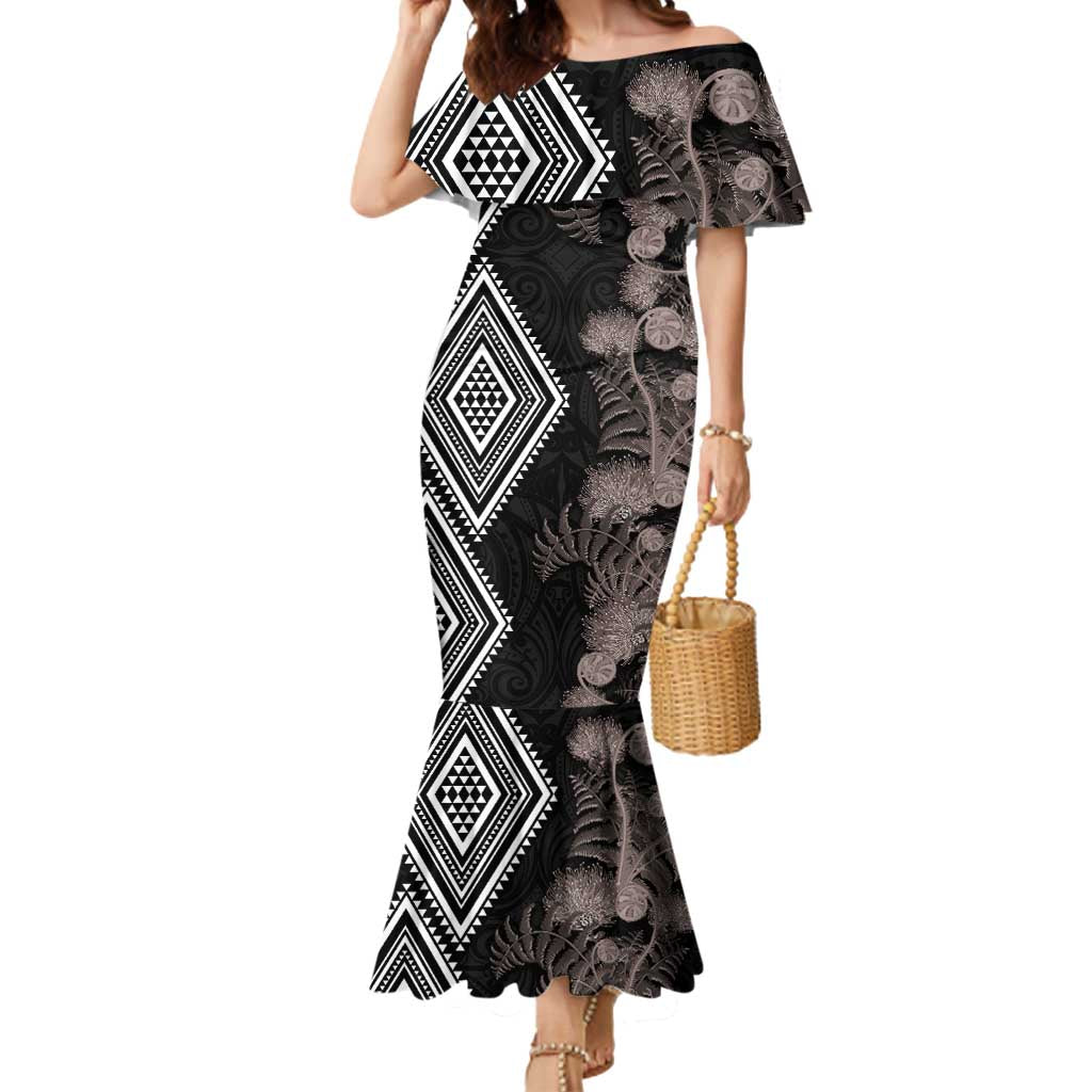 Aotearoa Tukutuku Motif Mermaid Dress Pohutukawa and Fern Leaves Grayscale Color LT03 Women Black - Polynesian Pride