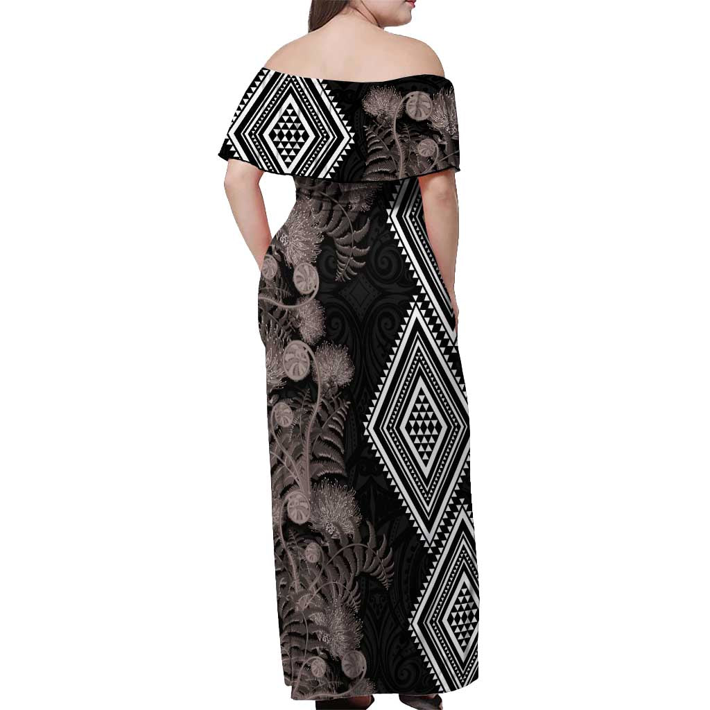 Aotearoa Tukutuku Motif Off Shoulder Maxi Dress Pohutukawa and Fern Leaves Grayscale Color LT03 - Polynesian Pride