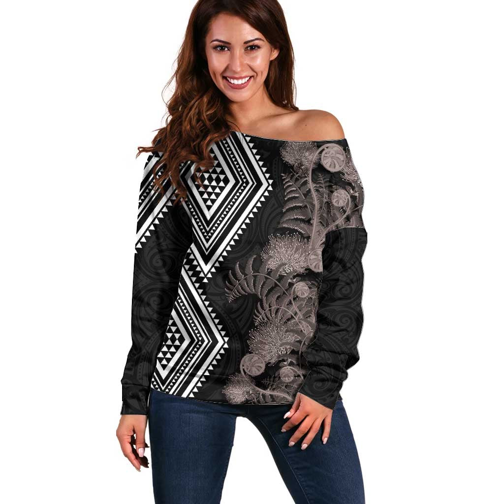 Aotearoa Tukutuku Motif Off Shoulder Sweater Pohutukawa and Fern Leaves Grayscale Color LT03 Women Black - Polynesian Pride