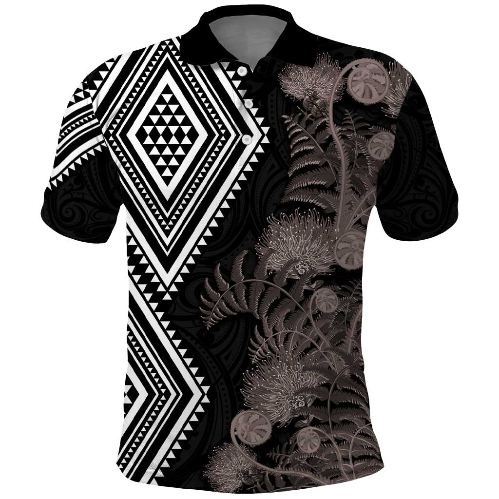 Aotearoa Tukutuku Motif Polo Shirt Pohutukawa and Fern Leaves Grayscale Color LT03 Black - Polynesian Pride