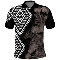 Aotearoa Tukutuku Motif Polo Shirt Pohutukawa and Fern Leaves Grayscale Color LT03 Black - Polynesian Pride