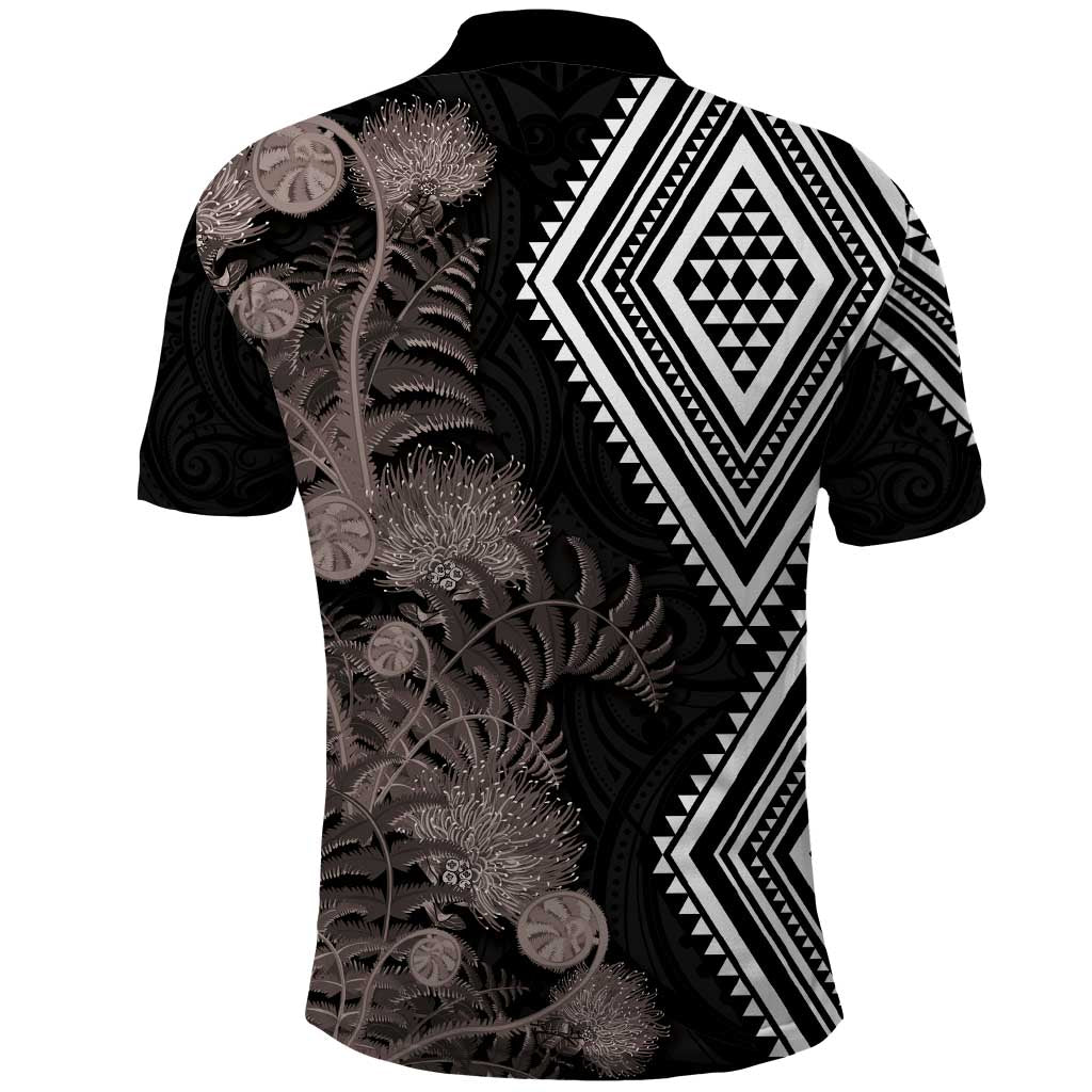 Aotearoa Tukutuku Motif Polo Shirt Pohutukawa and Fern Leaves Grayscale Color LT03 - Polynesian Pride