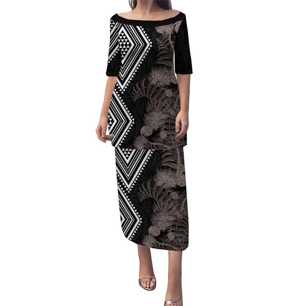 Aotearoa Tukutuku Motif Puletasi Pohutukawa and Fern Leaves Grayscale Color LT03 Long Dress Black - Polynesian Pride