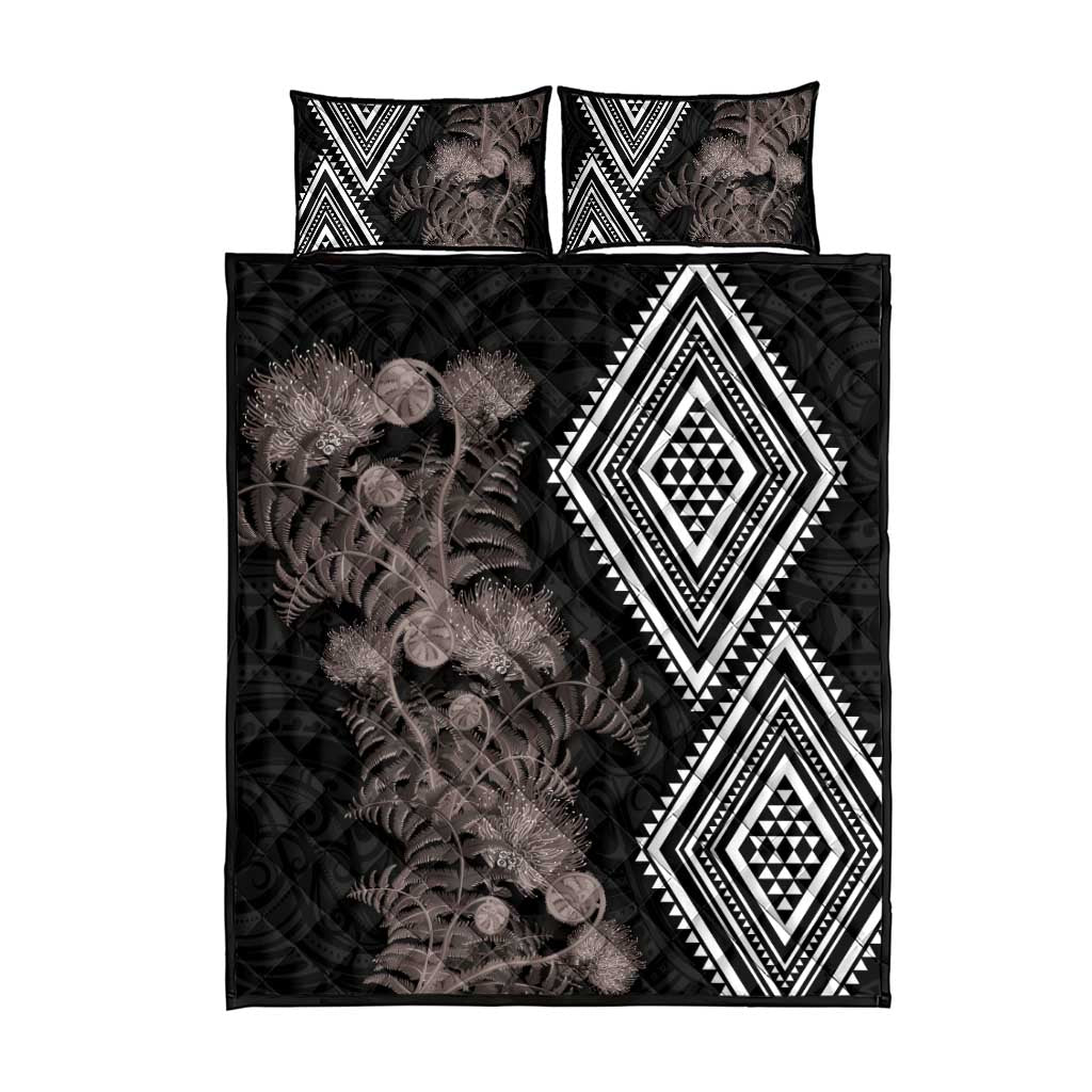 Aotearoa Tukutuku Motif Quilt Bed Set Pohutukawa and Fern Leaves Grayscale Color LT03 - Polynesian Pride