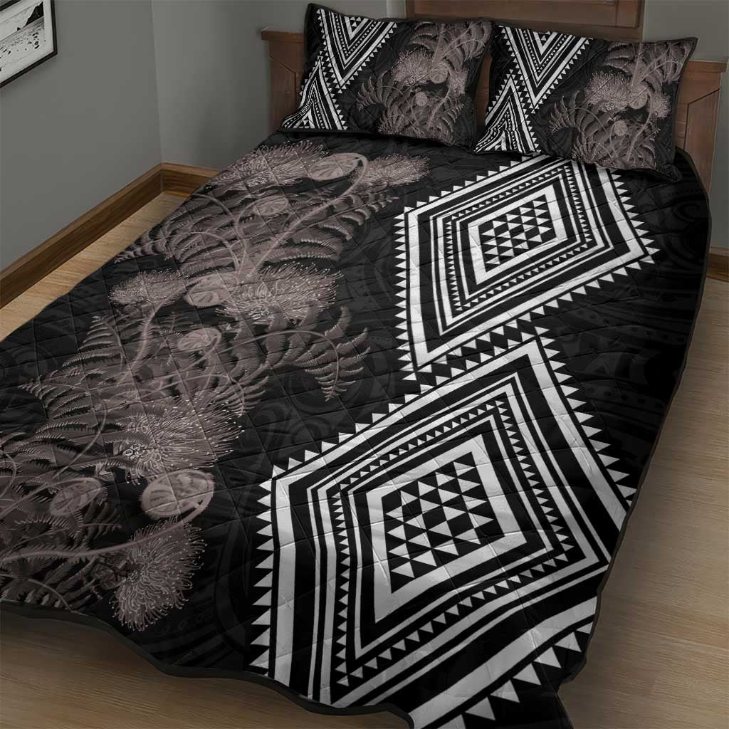 Aotearoa Tukutuku Motif Quilt Bed Set Pohutukawa and Fern Leaves Grayscale Color LT03 - Polynesian Pride