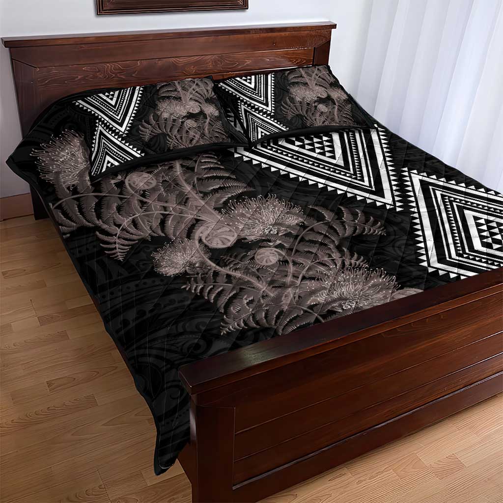 Aotearoa Tukutuku Motif Quilt Bed Set Pohutukawa and Fern Leaves Grayscale Color LT03 - Polynesian Pride