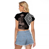 Aotearoa Tukutuku Motif Raglan Cropped T Shirt Pohutukawa and Fern Leaves Grayscale Color LT03 - Polynesian Pride