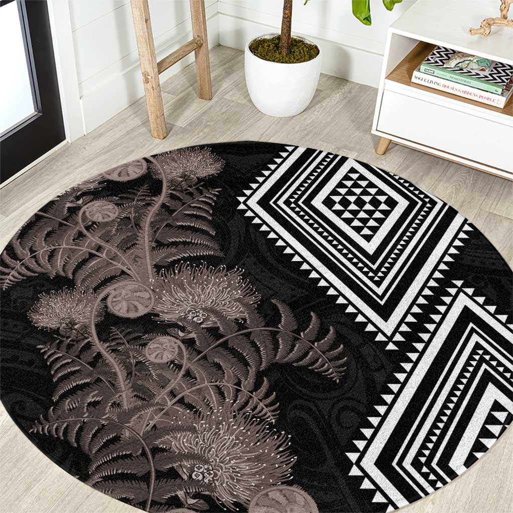 Aotearoa Tukutuku Motif Round Carpet Pohutukawa and Fern Leaves Grayscale Color LT03 Black - Polynesian Pride