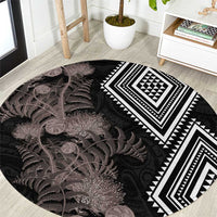 Aotearoa Tukutuku Motif Round Carpet Pohutukawa and Fern Leaves Grayscale Color LT03 Black - Polynesian Pride