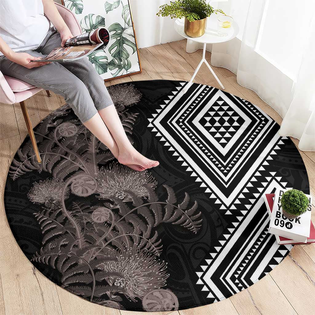 Aotearoa Tukutuku Motif Round Carpet Pohutukawa and Fern Leaves Grayscale Color LT03 - Polynesian Pride