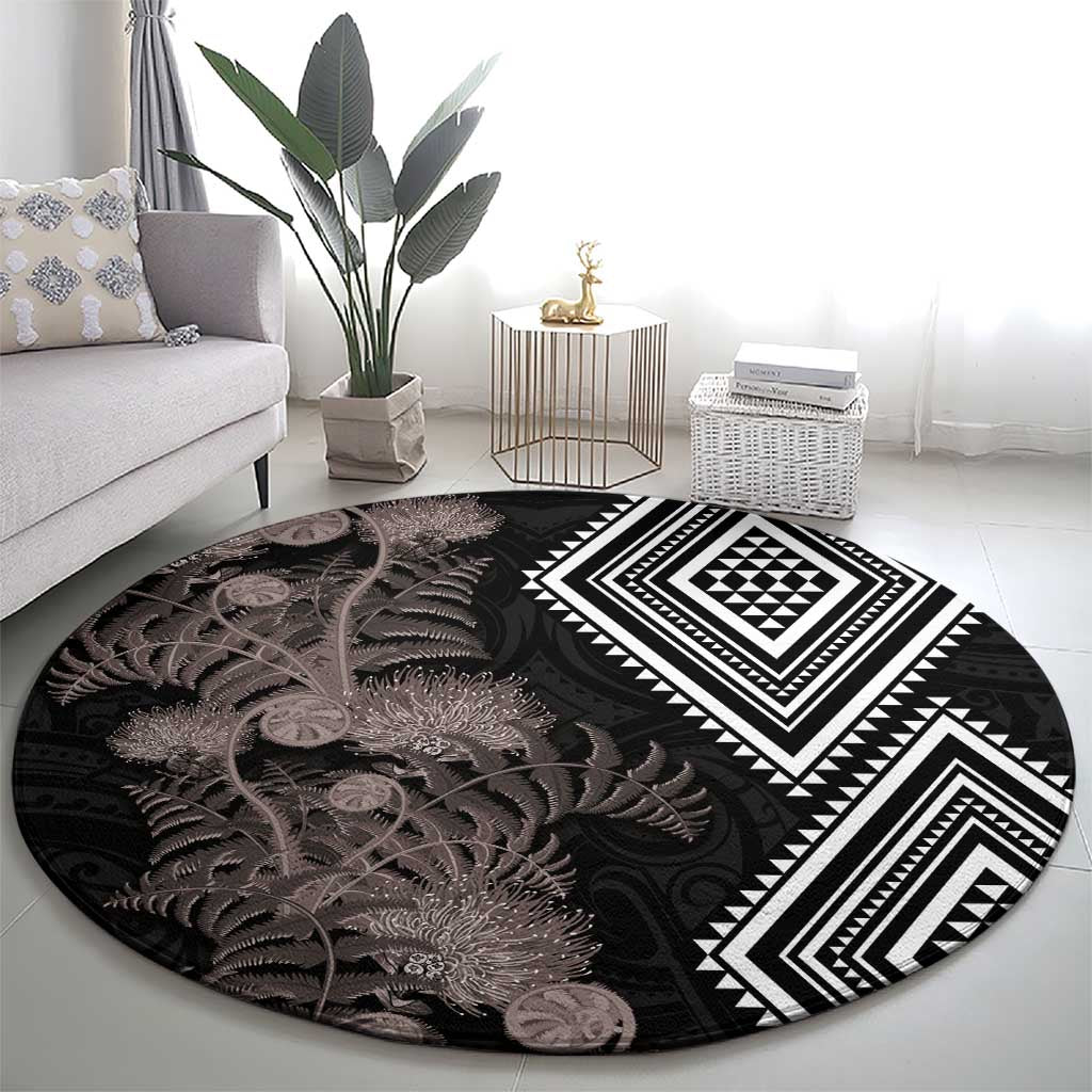Aotearoa Tukutuku Motif Round Carpet Pohutukawa and Fern Leaves Grayscale Color LT03 - Polynesian Pride