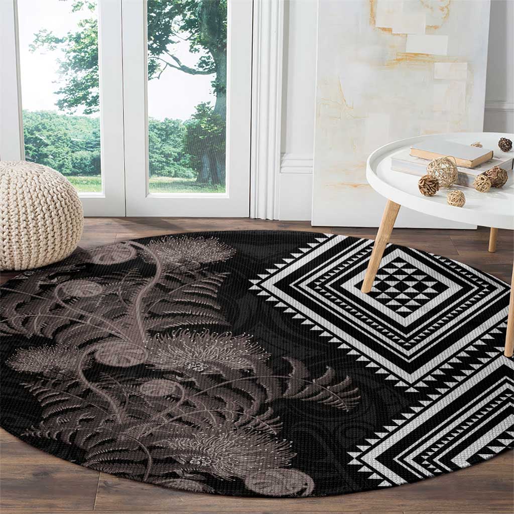 Aotearoa Tukutuku Motif Round Carpet Pohutukawa and Fern Leaves Grayscale Color LT03 - Polynesian Pride