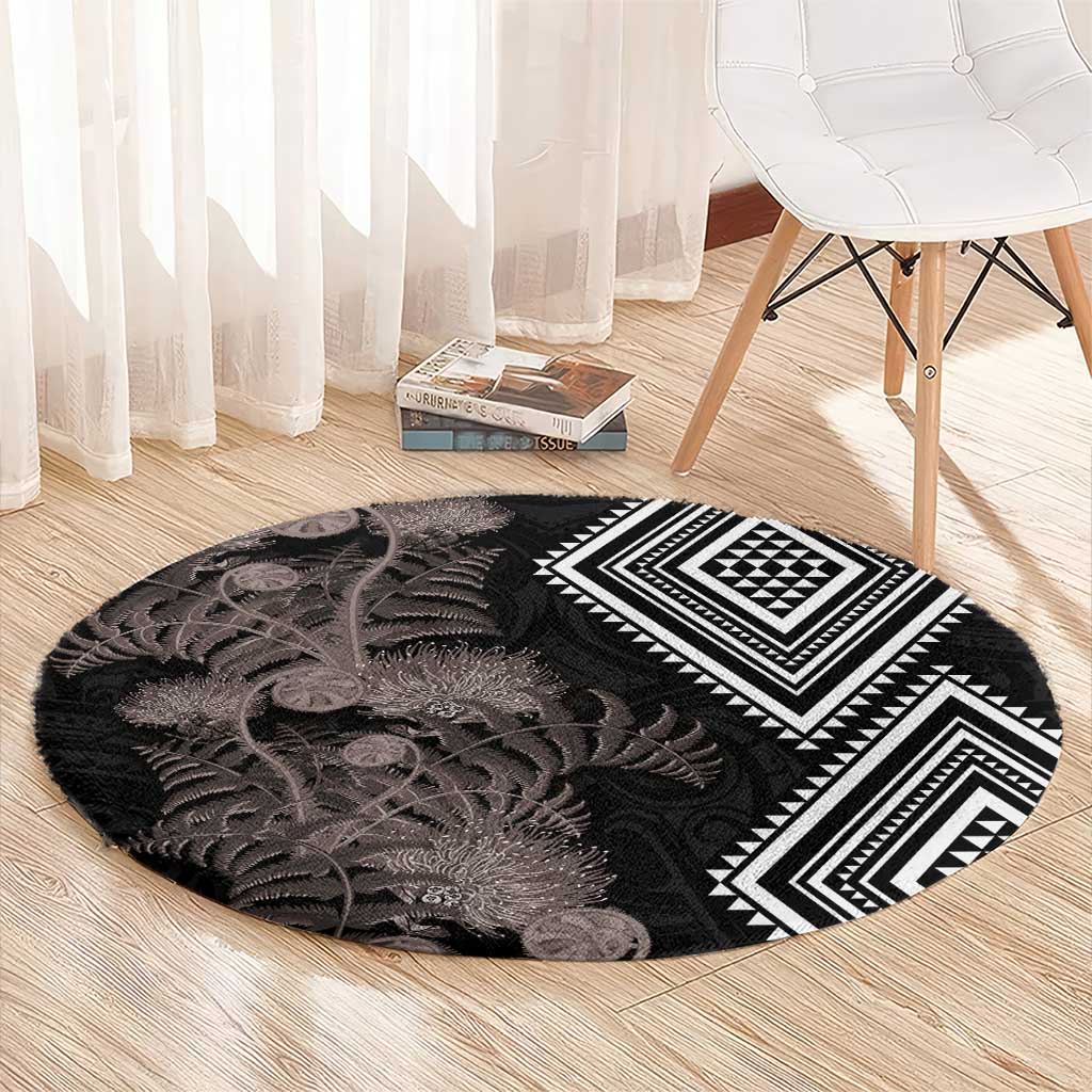 Aotearoa Tukutuku Motif Round Carpet Pohutukawa and Fern Leaves Grayscale Color LT03 - Polynesian Pride
