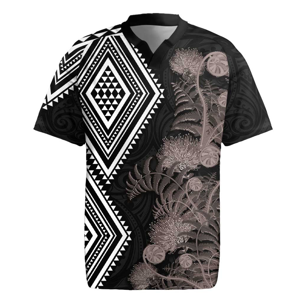 Aotearoa Tukutuku Motif Rugby Jersey Pohutukawa and Fern Leaves Grayscale Color LT03 Black - Polynesian Pride