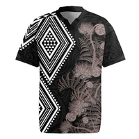 Aotearoa Tukutuku Motif Rugby Jersey Pohutukawa and Fern Leaves Grayscale Color LT03 Black - Polynesian Pride