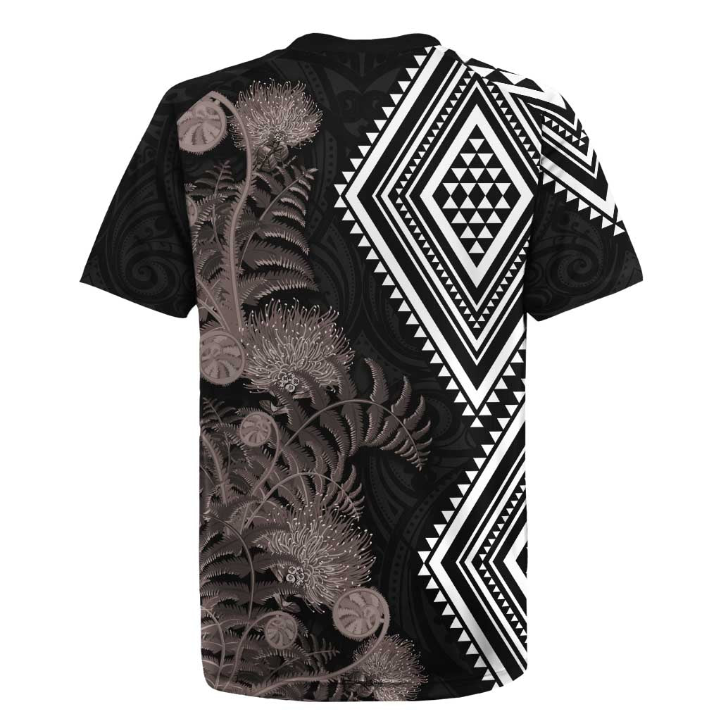 Aotearoa Tukutuku Motif Rugby Jersey Pohutukawa and Fern Leaves Grayscale Color LT03 - Polynesian Pride