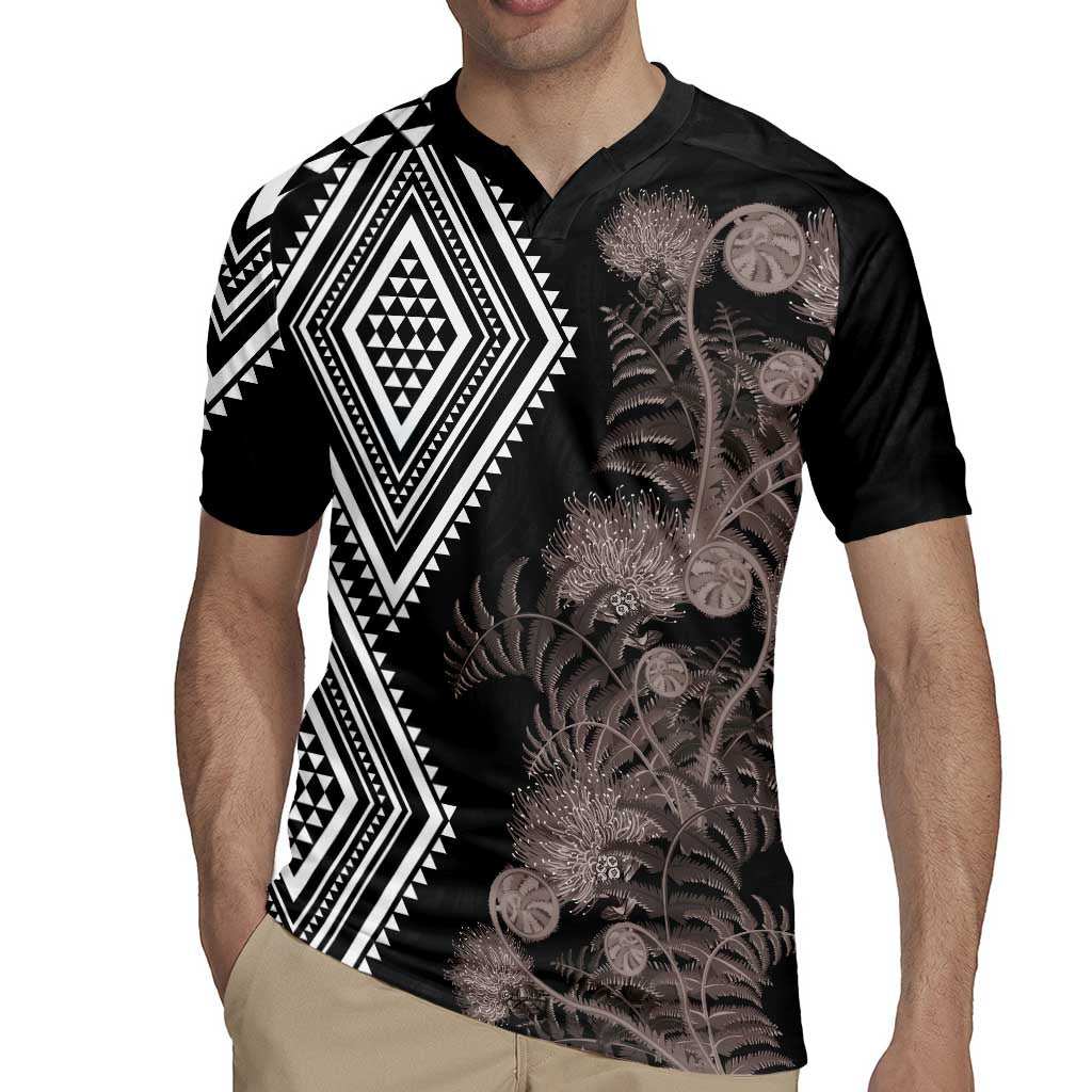 Aotearoa Tukutuku Motif Rugby Jersey Pohutukawa and Fern Leaves Grayscale Color LT03 - Polynesian Pride